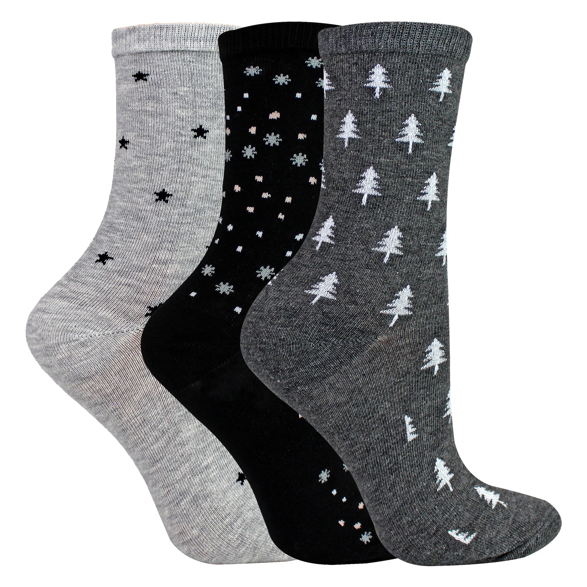 3 Pairs Ladies Stars and Trees Patterned Socks - Soft Cotton Rich Everyday Socks