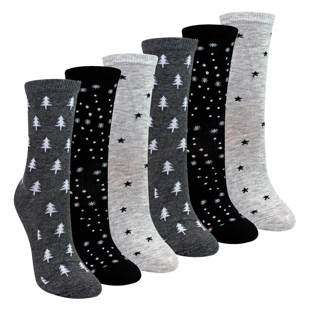 6 Pairs Ladies Stars and Trees Patterned Socks - Soft Cotton Rich Everyday Socks