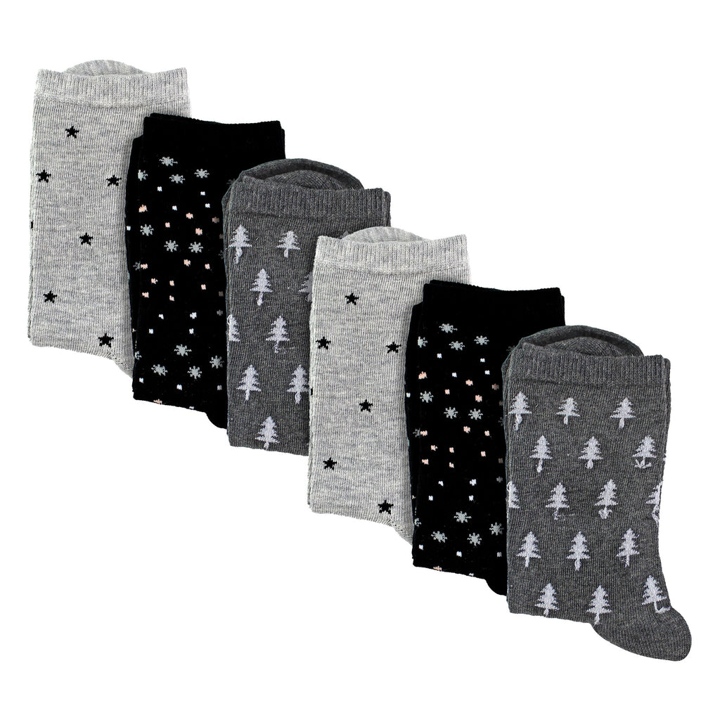 6 Pairs Ladies Stars and Trees Patterned Socks - Soft Cotton Rich Everyday Socks