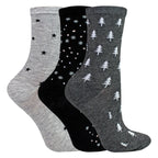 6 Pairs Ladies Stars and Trees Patterned Socks - Soft Cotton Rich Everyday Socks