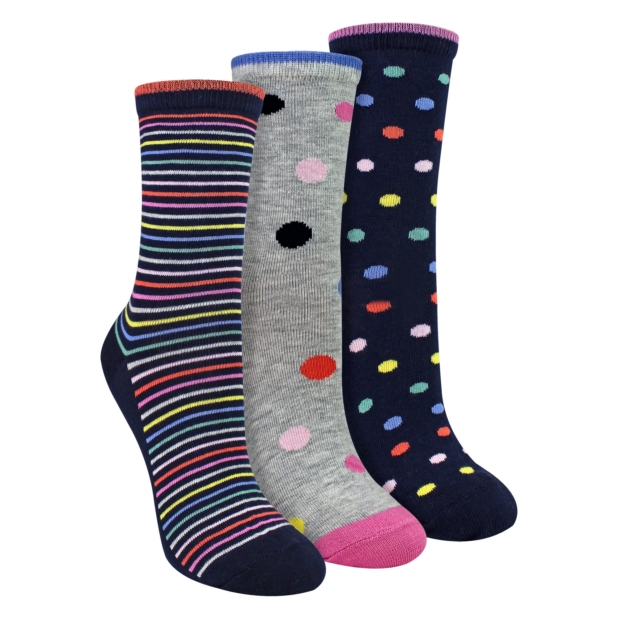 3 Pairs Ladies Spots and Stripe Patterned Socks- Soft Cotton Rich Everyday Socks