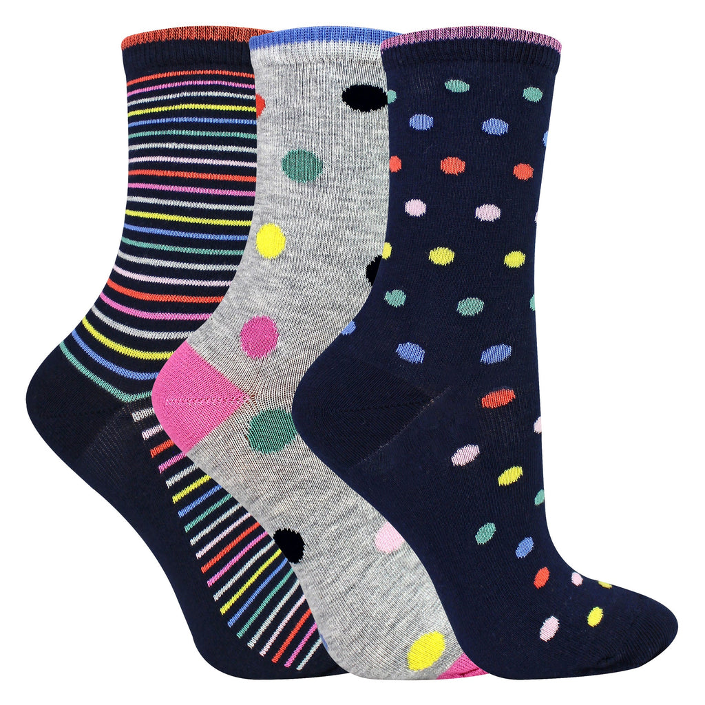 3 Pairs Ladies Spots and Stripe Patterned Socks- Soft Cotton Rich Everyday Socks