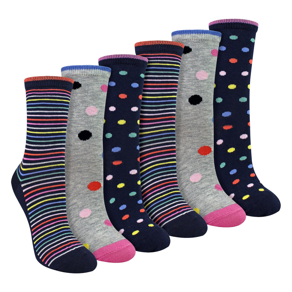 6 Pairs Ladies Spots and Stripe Patterned Socks- Soft Cotton Rich Everyday Socks