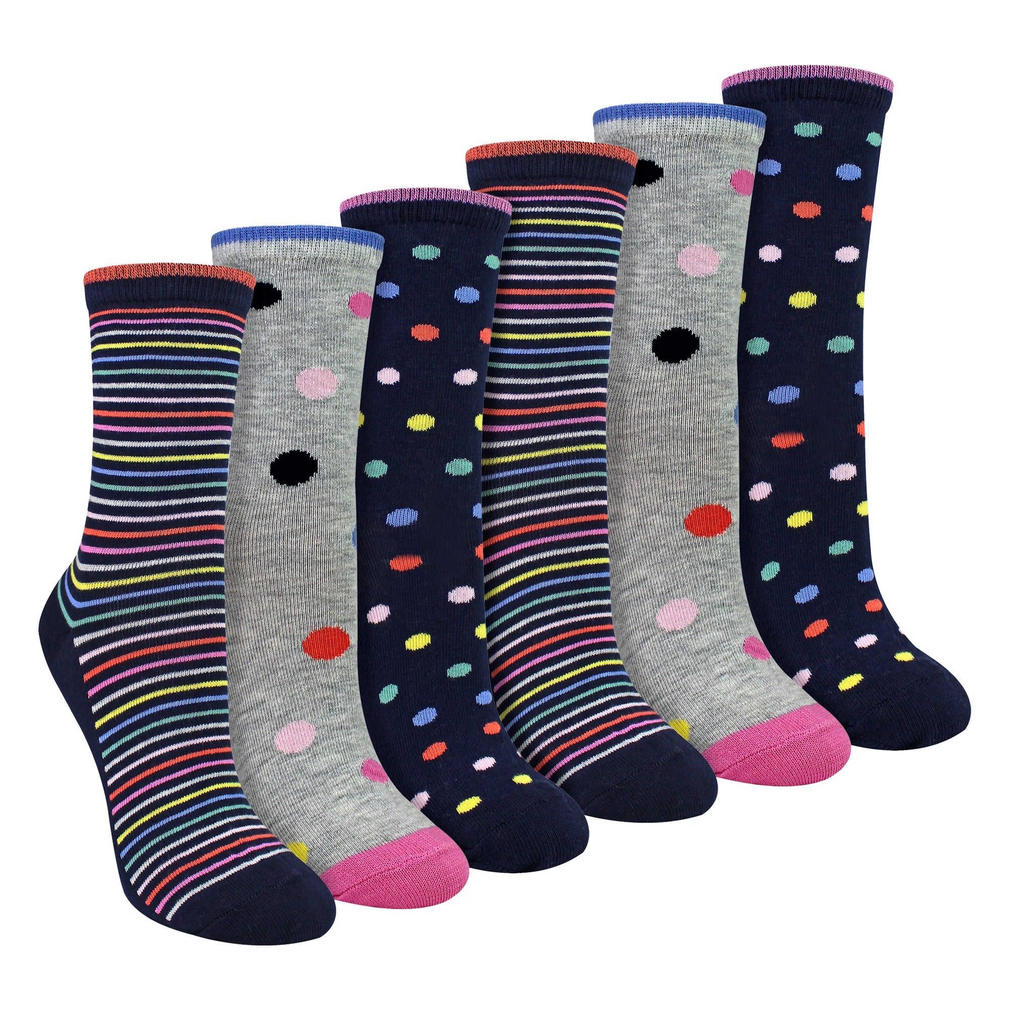 6 Pairs Ladies Spots and Stripe Patterned Socks- Soft Cotton Rich Everyday Socks