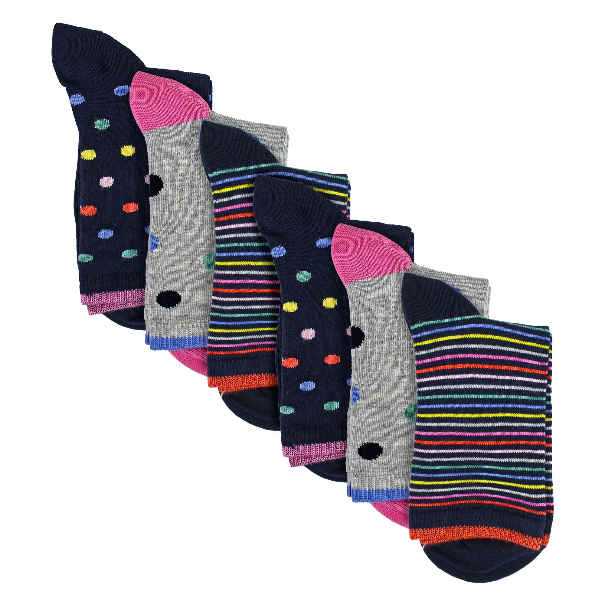 6 Pairs Ladies Spots and Stripe Patterned Socks- Soft Cotton Rich Everyday Socks