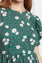 Louche Stasia Roaring Daisy Print V Back Puff Sleeve Midi Dress - Green
