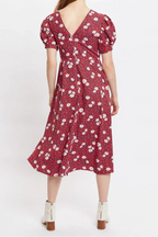 Louche Stasia Roaring Daisy Print V Back Puff Sleeve Midi Dress Red