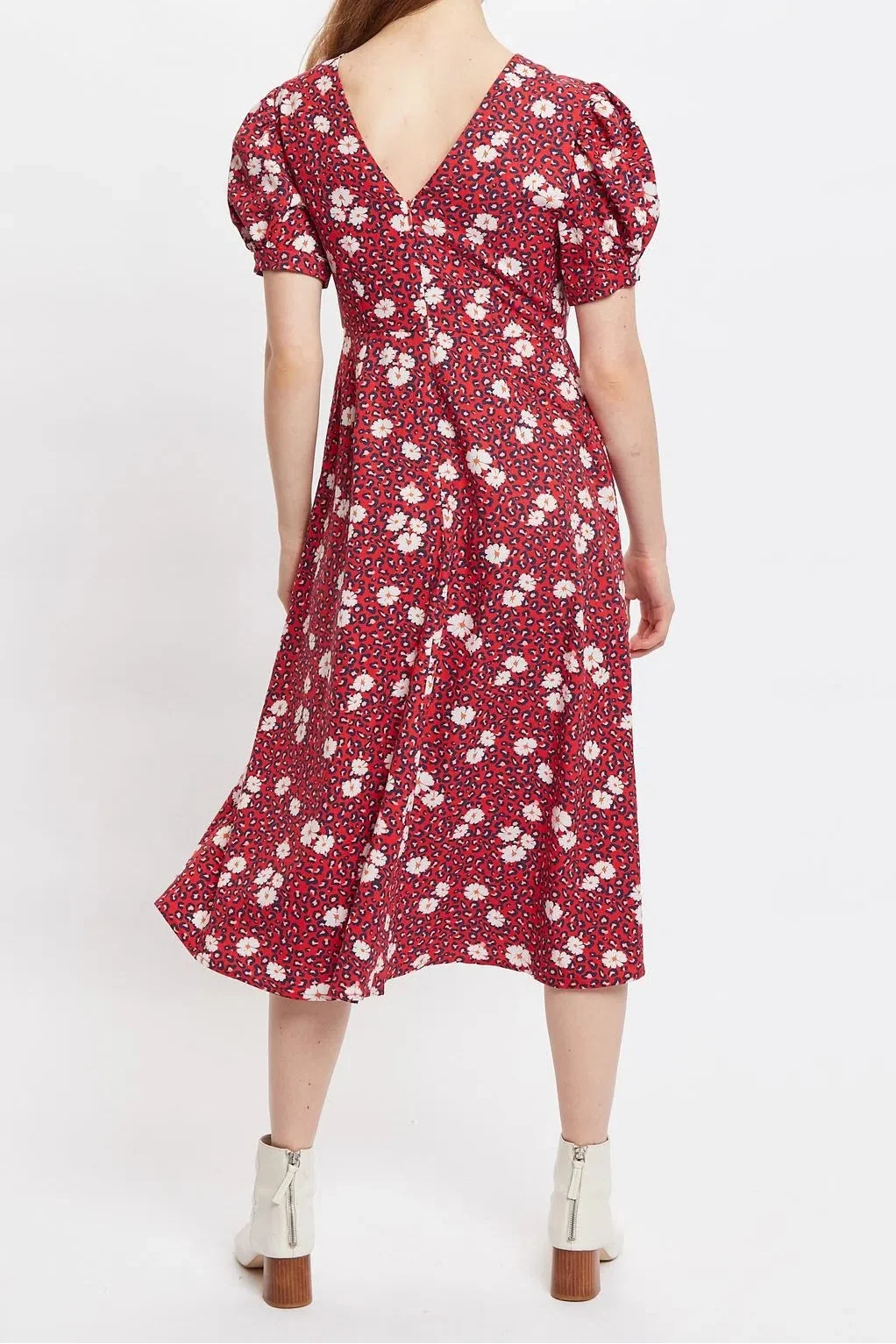 Louche Stasia Roaring Daisy Print V Back Puff Sleeve Midi Dress Red