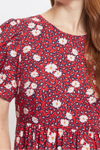 Louche Stasia Roaring Daisy Print V Back Puff Sleeve Midi Dress Red