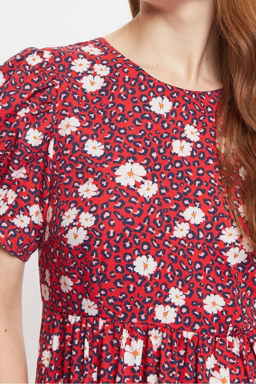 Louche Stasia Roaring Daisy Print V Back Puff Sleeve Midi Dress Red