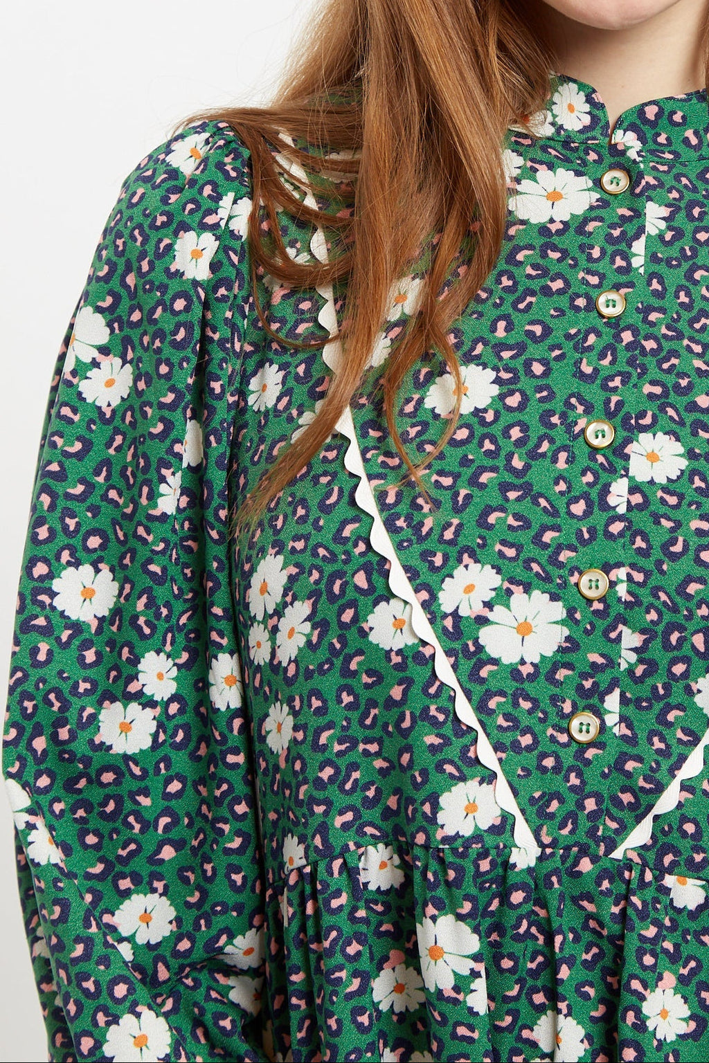 Louche Suzanne Roaring Daisy Print Long Sleeve Mini Dress - Green