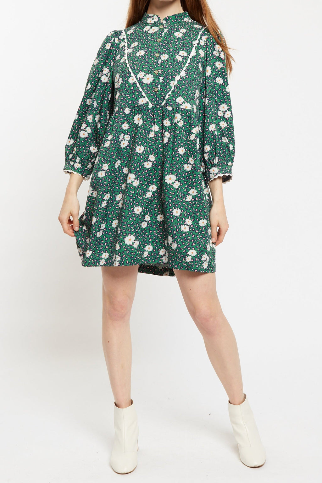 Louche Suzanne Roaring Daisy Print Long Sleeve Mini Dress - Green