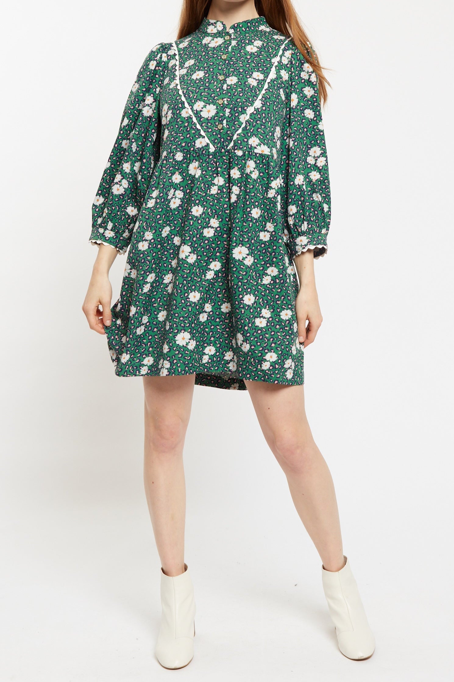 Louche Suzanne Roaring Daisy Print Long Sleeve Mini Dress - Green