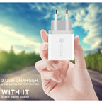SDC-30W 2 in 1 USB to USB-C / Type-C Data Cable + 30W QC 3.0 USB + 2.4A Dual USB 2.0 Ports Mobile Phone Tablet PC Universal Quick Charger Travel Charger Set, EU Plug, with USB-C / Type-C Cable, EU Plug