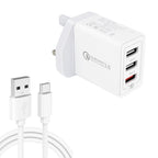 SDC-30W 2 in 1 USB to USB-C / Type-C Data Cable + 30W QC 3.0 USB + 2.4A Dual USB 2.0 Ports Mobile Phone Tablet PC Universal Quick Charger Travel Charger Set, UK Plug, with USB-C / Type-C Cable, UK Plug