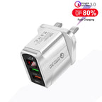F002C QC3.0 USB + USB 2.0 Fast Charger with LED Digital Display for Mobile Phones and Tablets, UK Plug(White)