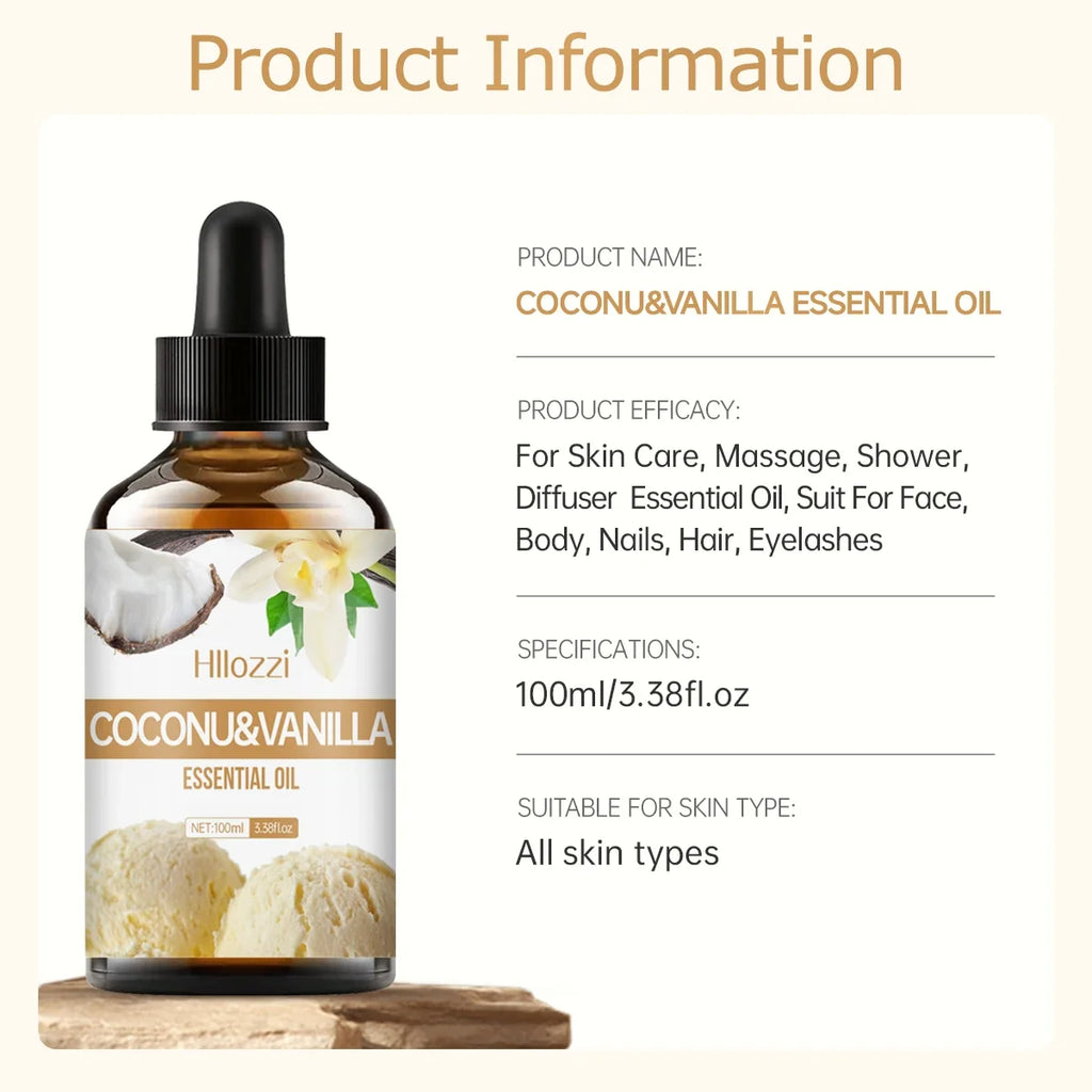 Coconut & Vanilla essential oil for body massage, aromatherapy diffuser, long lasting fragrance, suitable for all skin types.