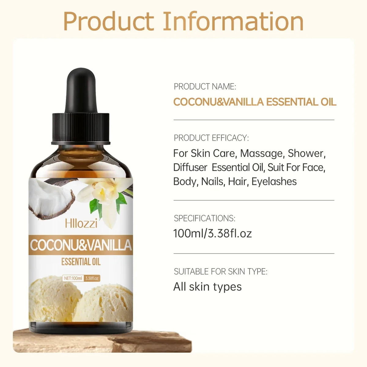 Coconut & Vanilla essential oil for body massage, aromatherapy diffuser, long lasting fragrance, suitable for all skin types.