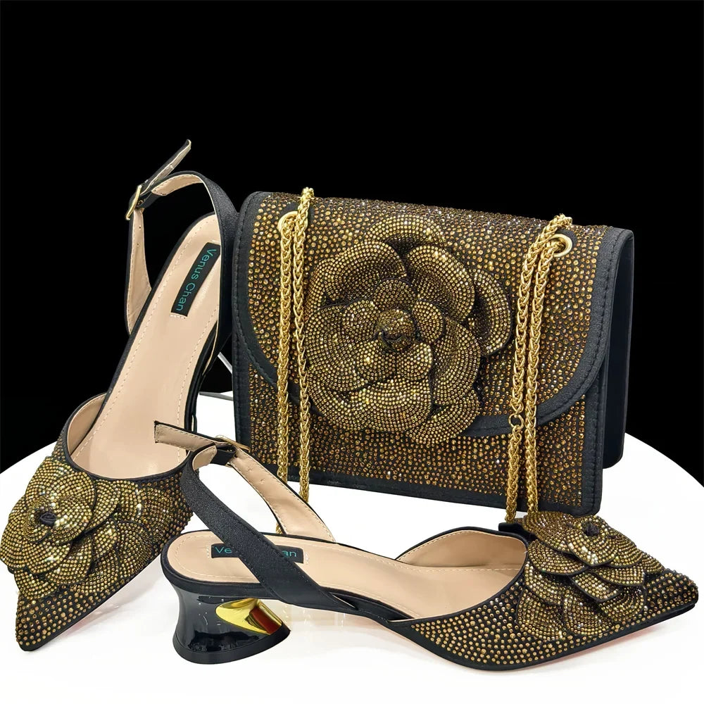 Women's Pointed-Toe Large Flower Decoration Rhinestone Low Heel Italian Shoes