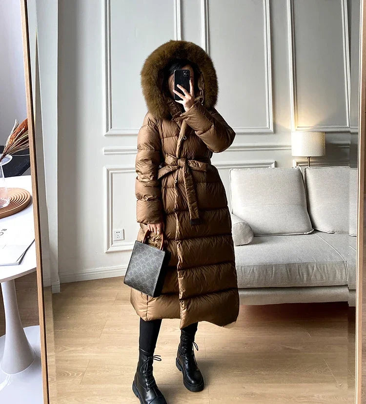 Winter Women's Ultra Light Warm Faux Fur Parka with Hooded Long Duck down Jacket White with Fur Collar Casual Snow Coat