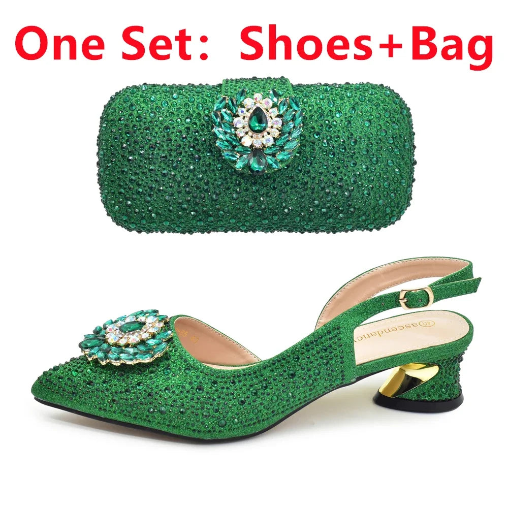 Elegant Italian Women's Rhinstone Pumps Heels Shoes and Bag Set To Match for