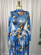 Women leaf Print patchwork smock Midi A-line Long Maxi Elegant Evening Dresses
