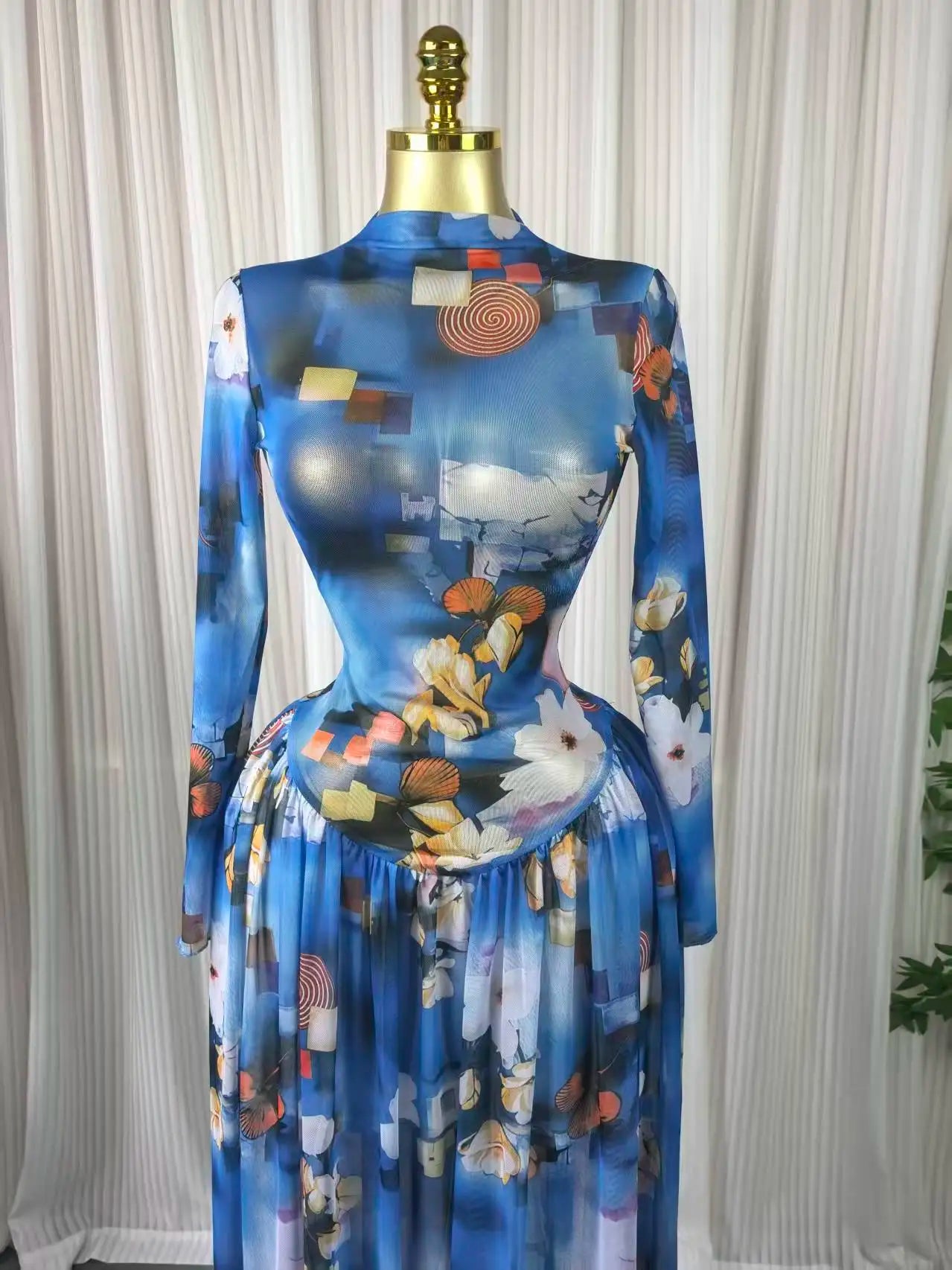 Women leaf Print patchwork smock Midi A-line Long Maxi Elegant Evening Dresses