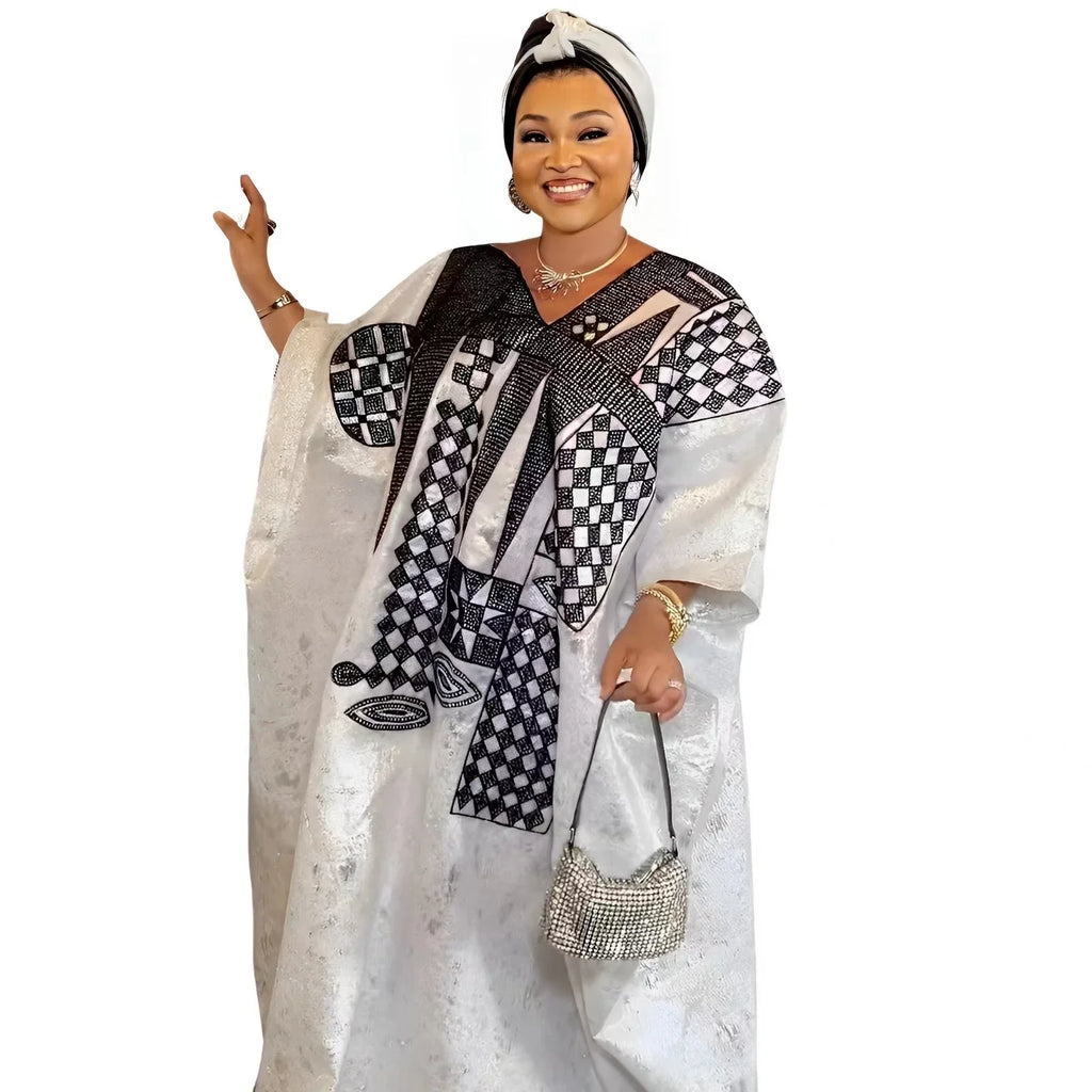 African Dress For Women's Plus Size Dress Bazin Riche Embroidery Floor Long Dress With Scarf