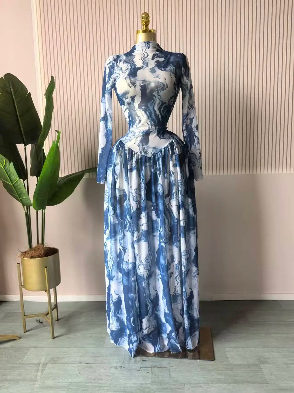 Women leaf Print patchwork smock Midi A-line Long Maxi Elegant Evening Dresses