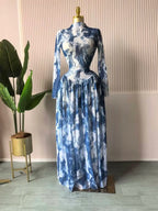 Women leaf Print patchwork smock Midi A-line Long Maxi Elegant Evening Dresses
