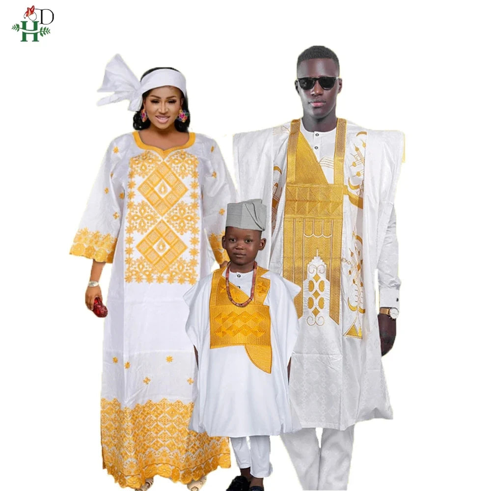 Family Matching African Wedding Outfits For Husband and Wife Bazin Riche Robes Custom Couple Dashiki Set Boy Kid white Dress