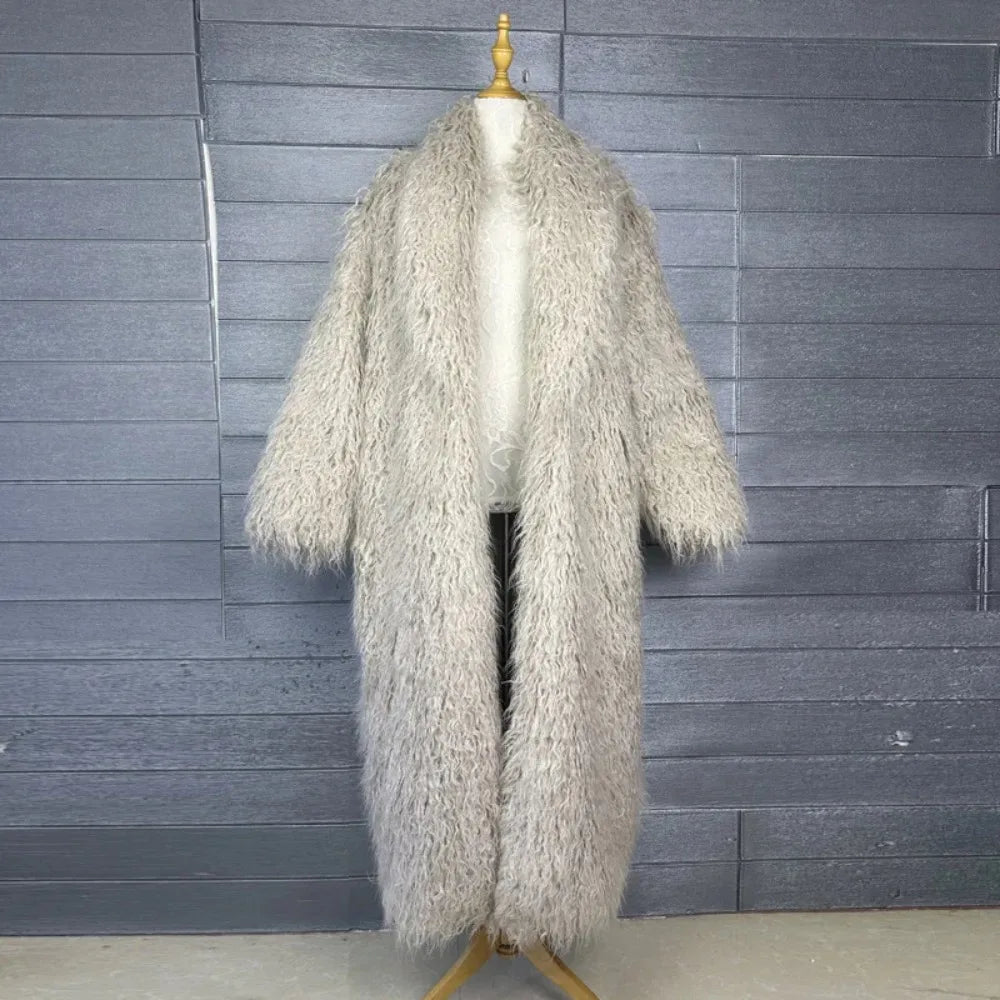 Faux Fur Jacket Women Long Coat Thick Fluffy Winter Warm Shaggy Overcoat Open Stitch Outerwear Turn Down Collar High Street