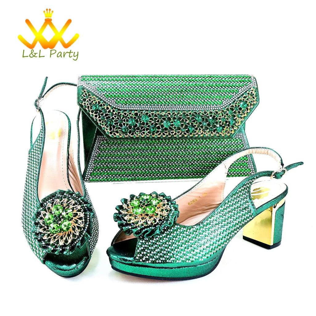 2025 Special New Arrivals Italian Women Shoes and Bag to Match in Green Color