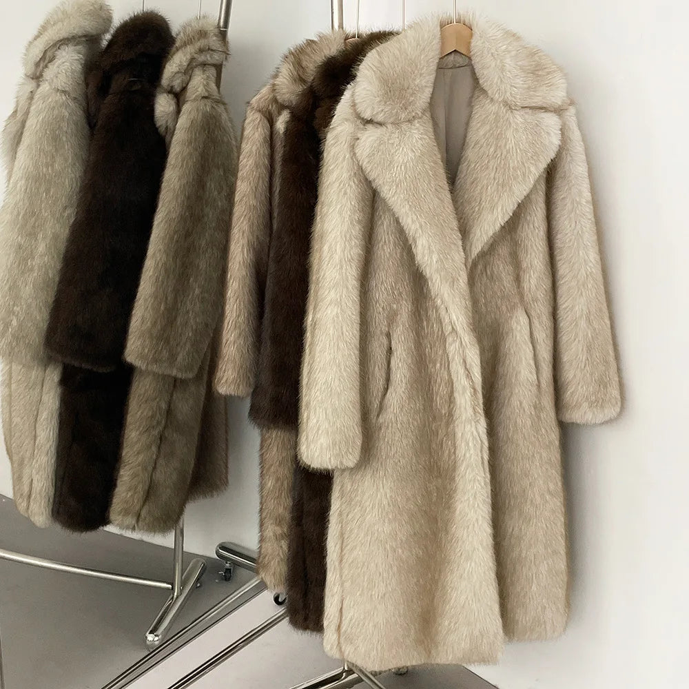 High Quality Long Length Woolen Faux Fur Coat Women's Autumn Winter Elegant Tailored Collar Jacket Non-Mink Fur Coats