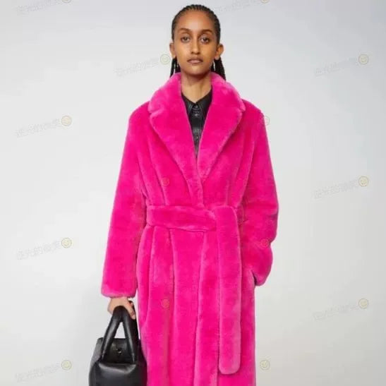 Luxury Lace Up Faux Fur Coat Women Chic Lapel Full Sleeve Fluffy Loose Warm Long Jacket Lady Winter Daily Highstreet Outerwears