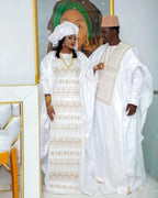 African Dresses For Couples Traditional  Bazin Embroidery Dresses Floor Length With Scarf