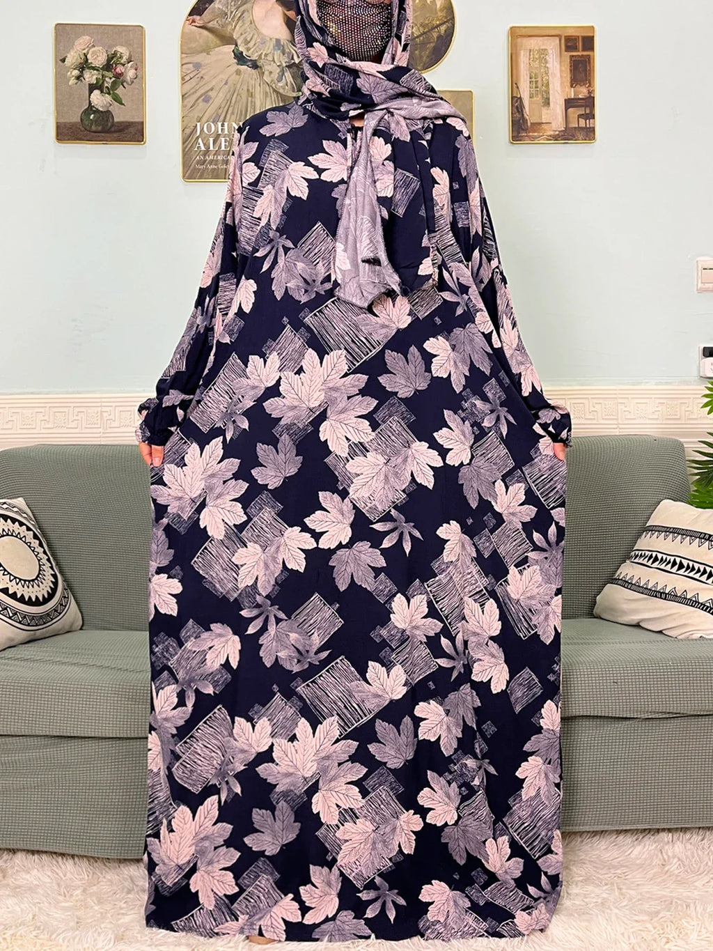 Women's Traditional Floral Ramadan Muslim Cotton Abayas Garment with attached Headscarf