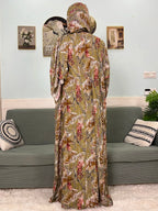 Women's Traditional Floral Ramadan Muslim Cotton Abayas Garment with attached Headscarf