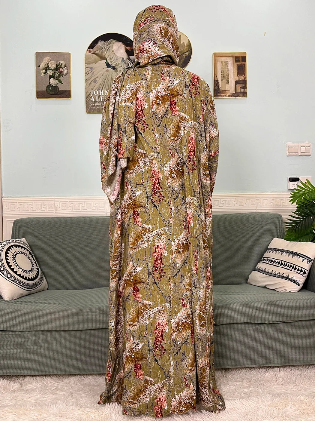 Women's Traditional Floral Ramadan Muslim Cotton Abayas Garment with attached Headscarf