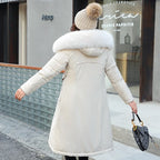 Women's Double-Sided Color Block Parka Winter Jacket with Big Fur Collar Hooded Zipper Pockets Long Sleeve Casual Overcoat