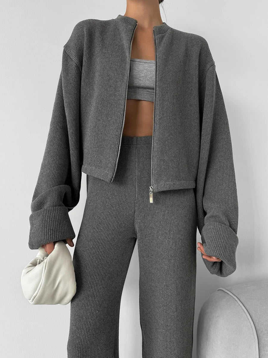 Women's Zip up Jacket And Wide Leg Pants Set Soft Knit Loose Long Sleeve Autumn Winter Casual Sweater Outfit