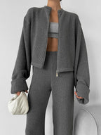 Women's Zip up Jacket And Wide Leg Pants Set Soft Knit Loose Long Sleeve Autumn Winter Casual Sweater Outfit