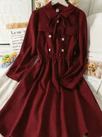 Vintage Patchwork Women's Dress High Waist A-Line Mid-Calf Spring Long-Sleeved