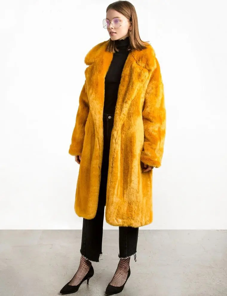Luxury Lace Up Faux Fur Coat Women Chic Lapel Full Sleeve Fluffy Loose Warm Long Jacket Lady Winter Daily Highstreet Outerwears