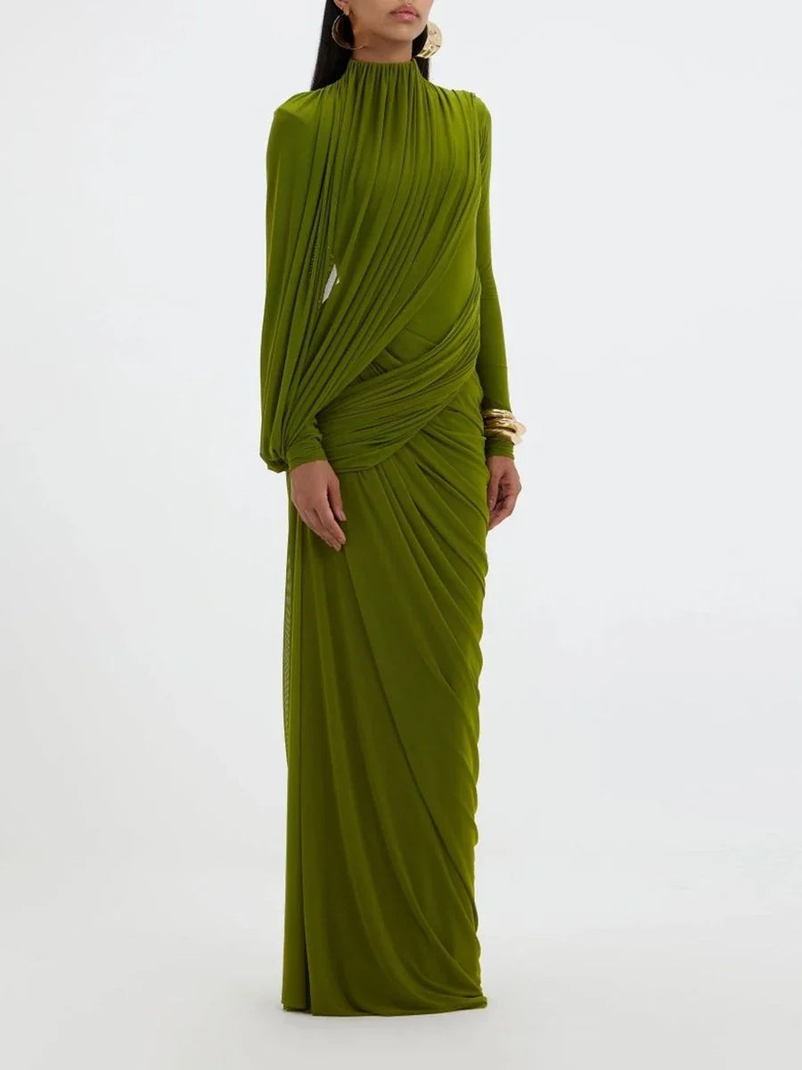 Women's Elegant Vintage Spliced Ribbon Turtleneck Long Sleeve Evening Maxi Dress