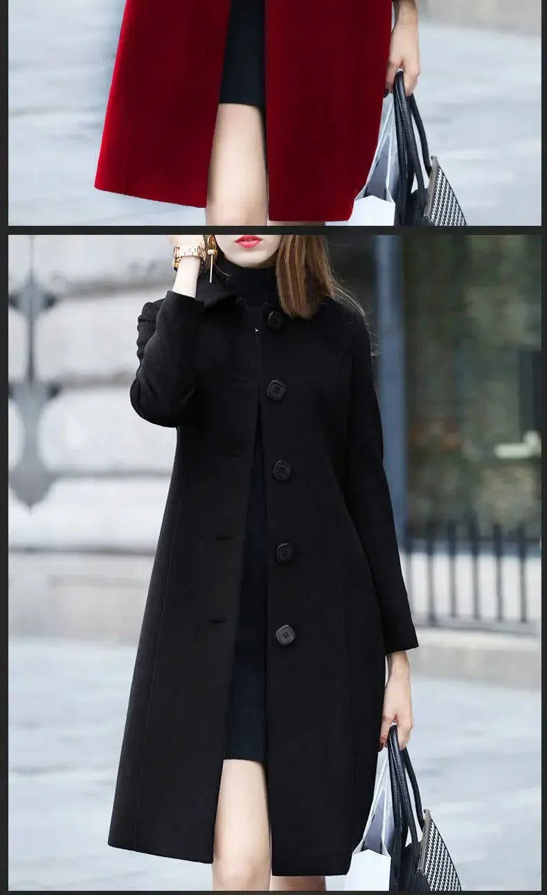 Women's Medium-Length Slimming Woolen Overcoat Autumn Winter plus Sizes Smooth Silhouette Single Breasted Button Closure