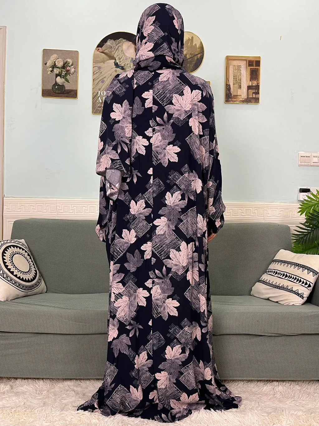 Women's Traditional Floral Ramadan Muslim Cotton Abayas Garment with attached Headscarf