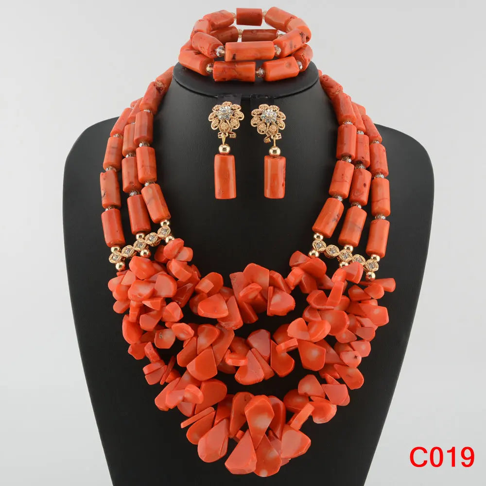 Latest Coral Jewelry Sets Nigerian Dubai Orange Necklace Sets of Beads African