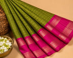Olive Green Soft Silk Saree with Pink Zari Border
