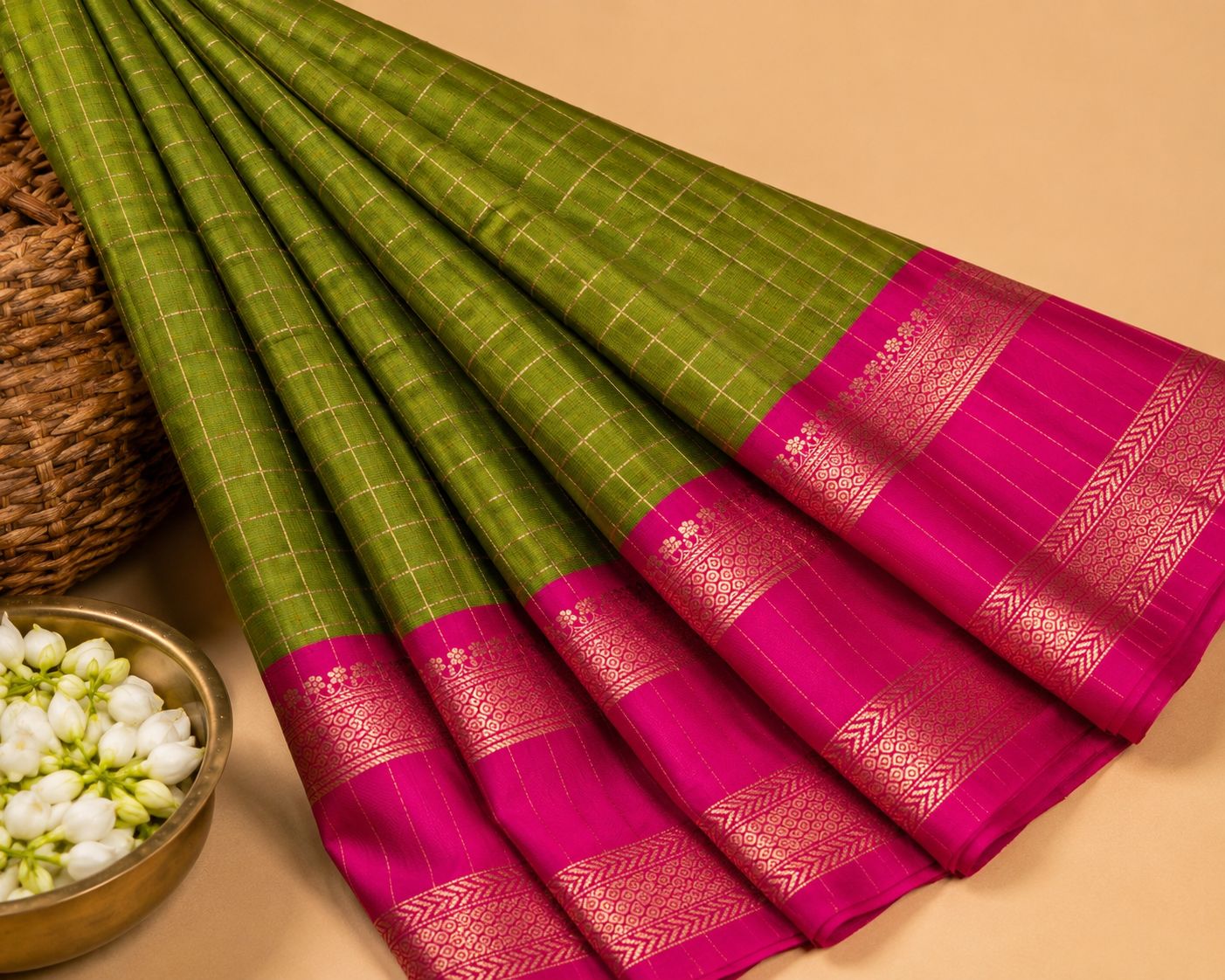 Olive Green Soft Silk Saree with Pink Zari Border